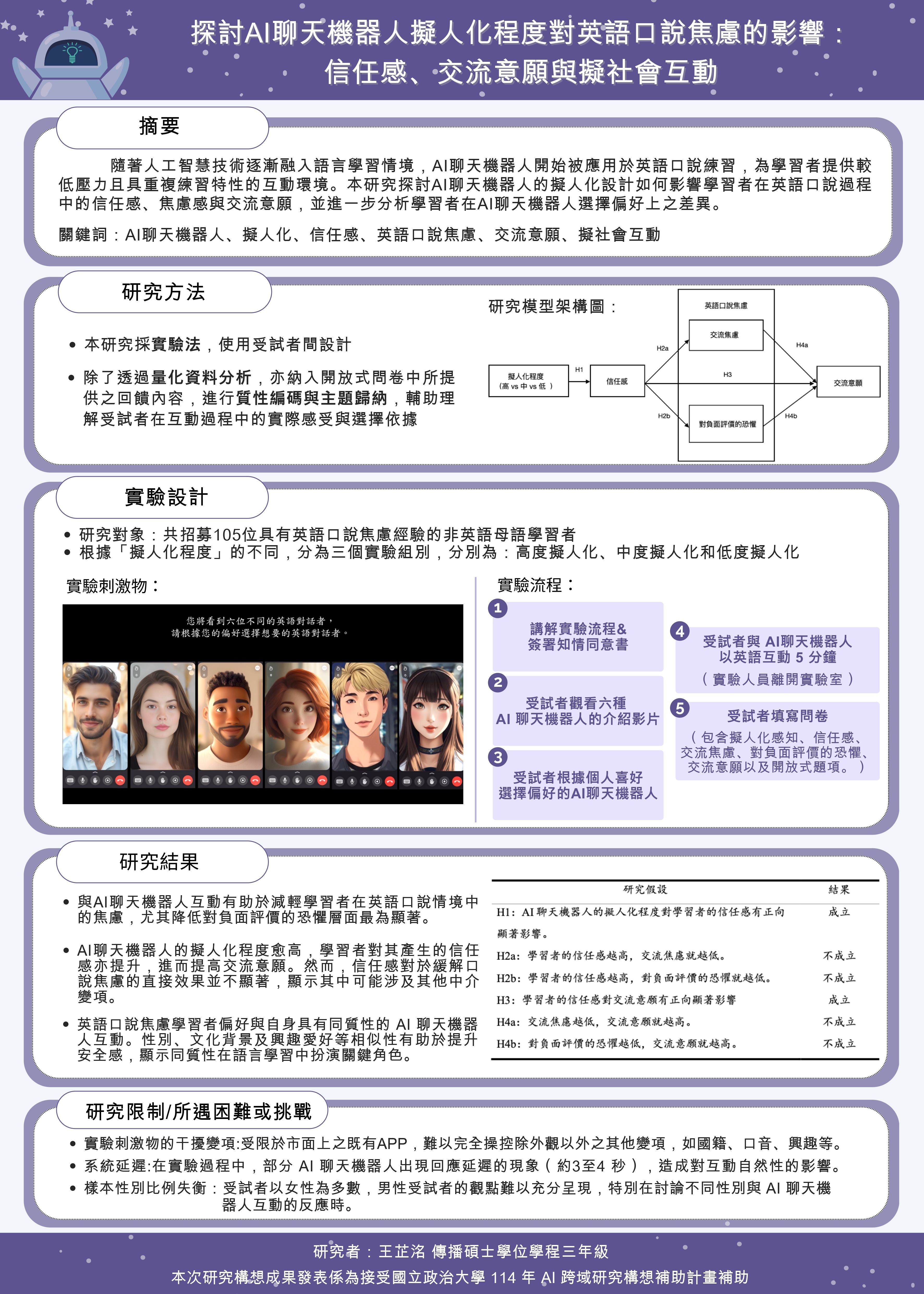 探討 AI 聊天機器人擬人化程度對英語口說焦慮的影響:信任感、交流意願與擬社會互動